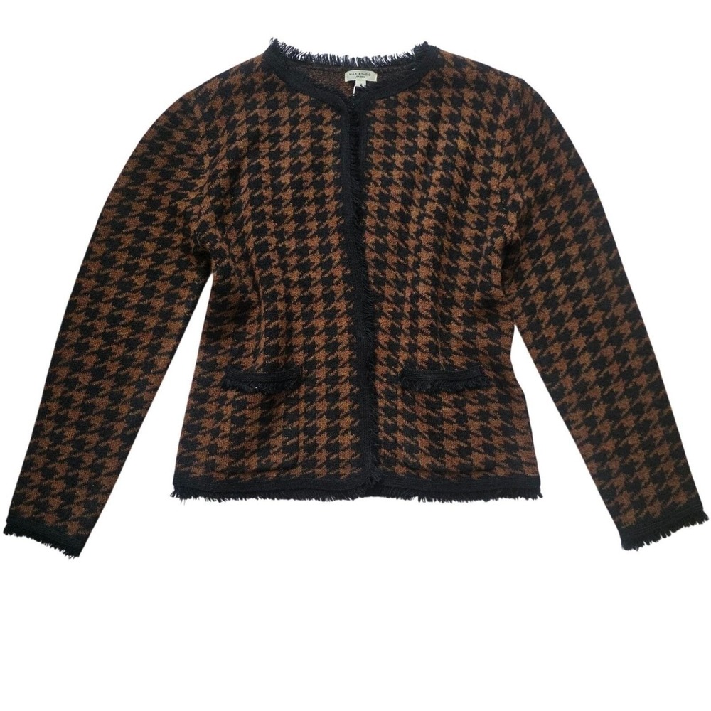 Max Studio London Brown Black Houndstooth Fringe Open Front Cardigan Jacket M